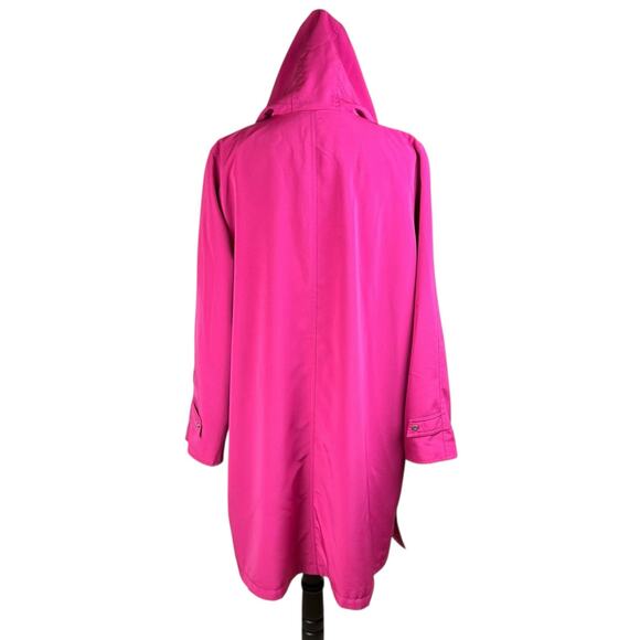 Gallery Pink Hood Button Closure Padded Shoulder Lined Long Rain Jacket Pockets - Picture 2 of 13